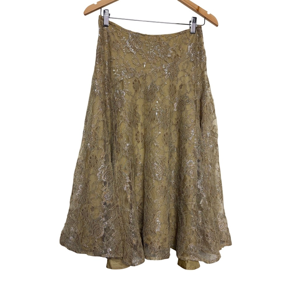 Jones New York Signature Gold Metallic Floral Lace Midi A-Line Skirt Womens 6